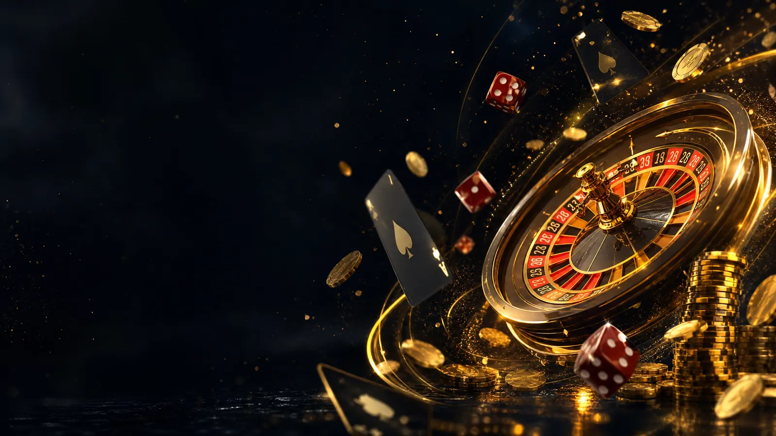Suasana meja kasino malam hari dengan koin emas dan roda roulette