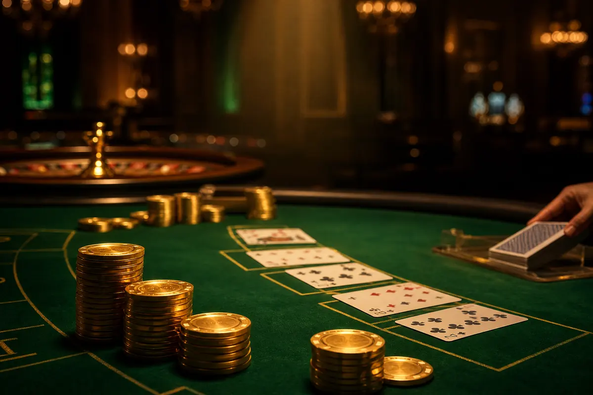 Meja live casino dengan tumpukan chip emas dan kartu yang sedang dibagikan