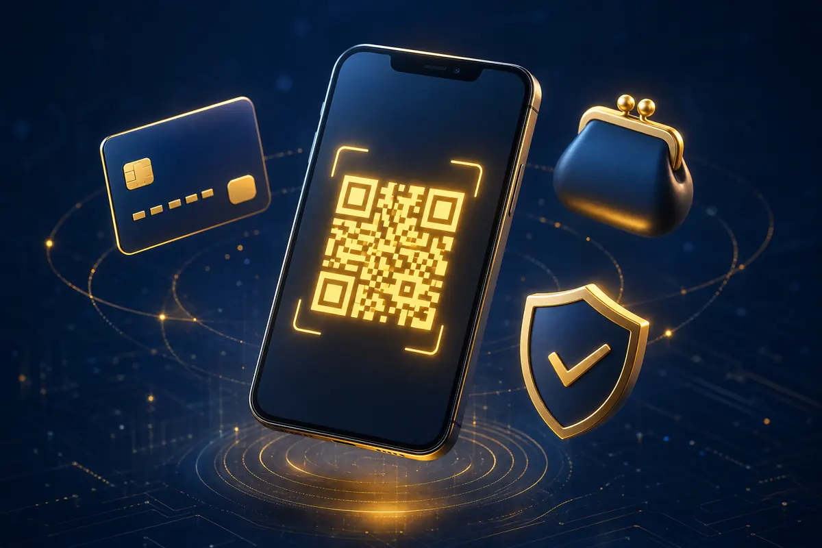Ponsel menampilkan kode QR emas dengan ikon dompet digital dan perisai