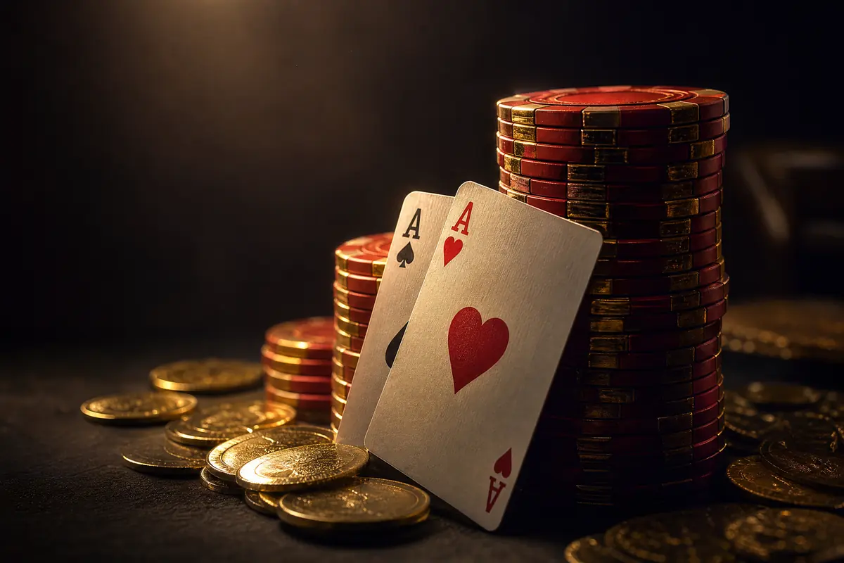 Dua kartu as bersandar pada tumpukan chip poker merah dan emas