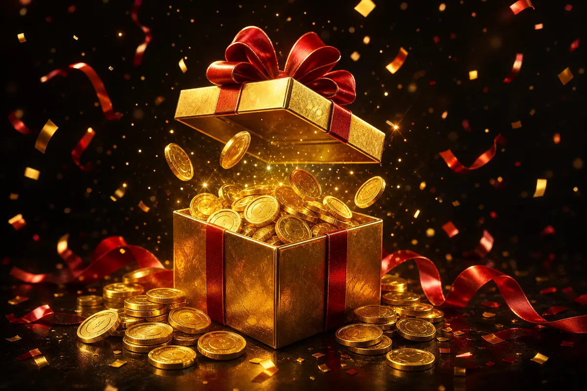 Kotak hadiah emas terbuka dengan koin berhamburan