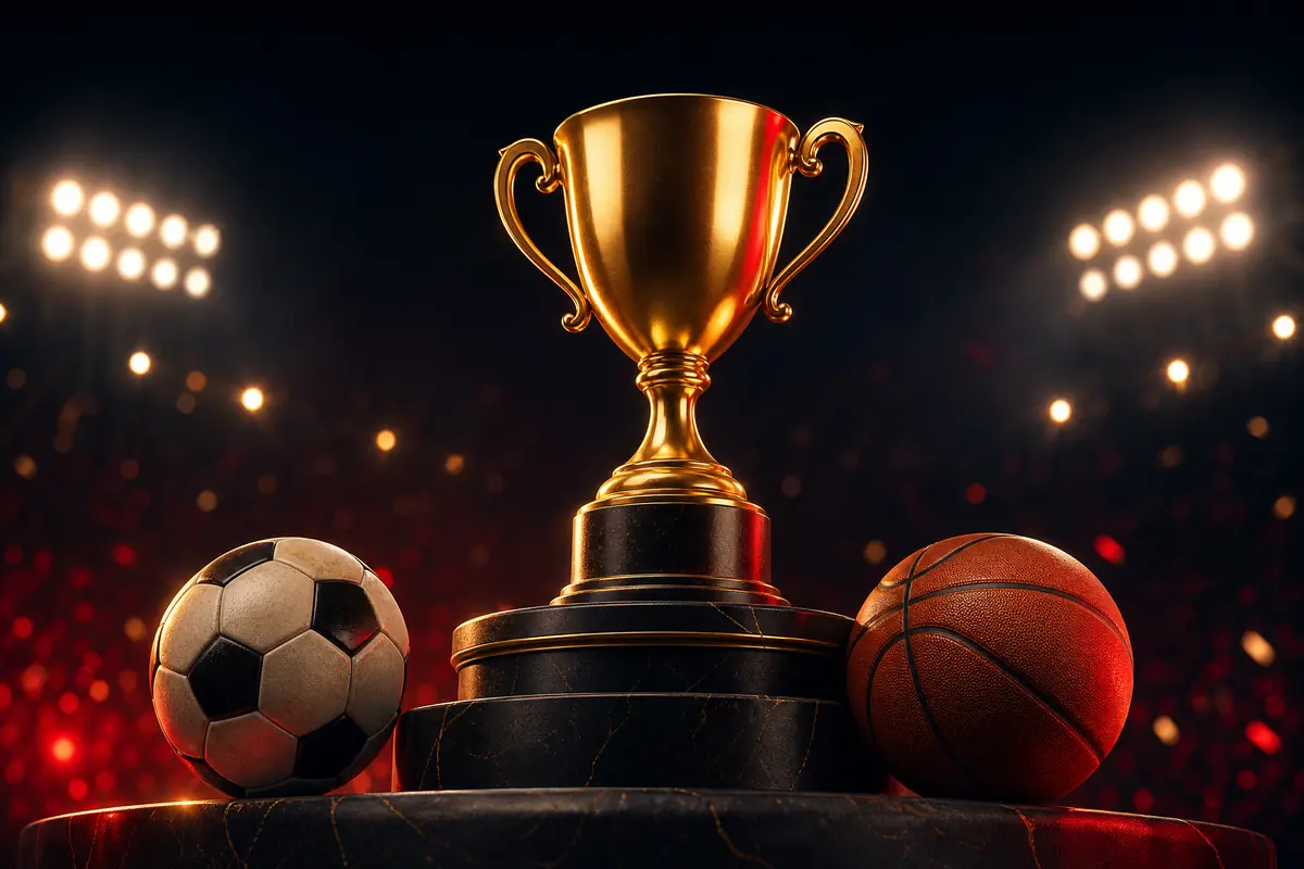 Trofi emas dikelilingi bola sepak, bola basket, dan headset e-sports